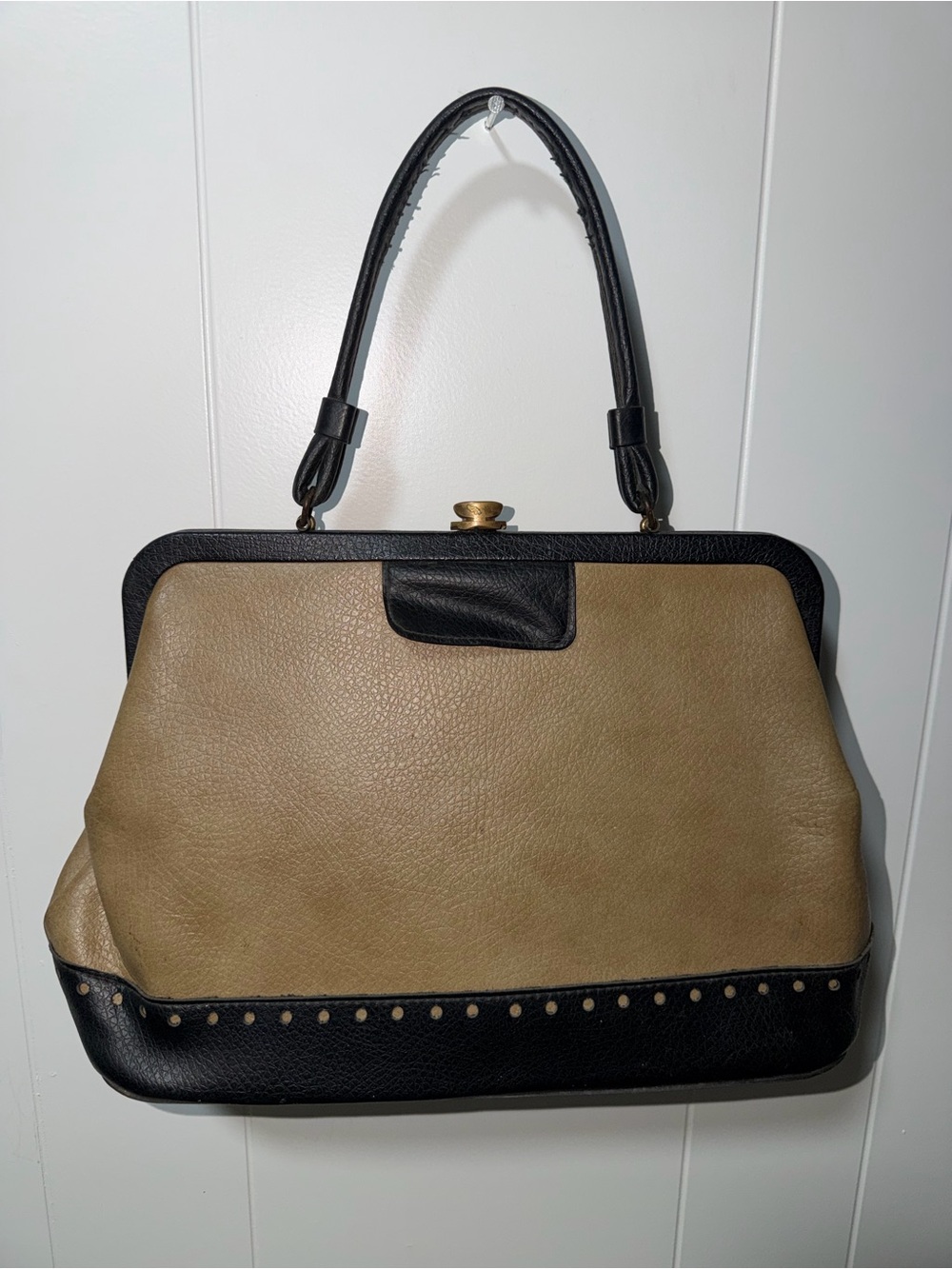 Classic Two-Tone Black and Tan Satchel Handbag
